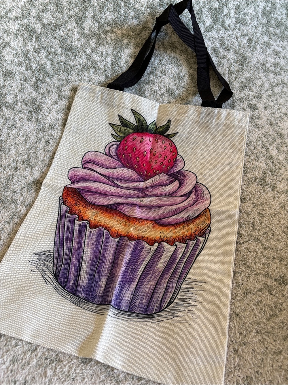 Purple Strawberry Iced Cupcake Poly Cavas Tote Bag NWT 13x17.25”